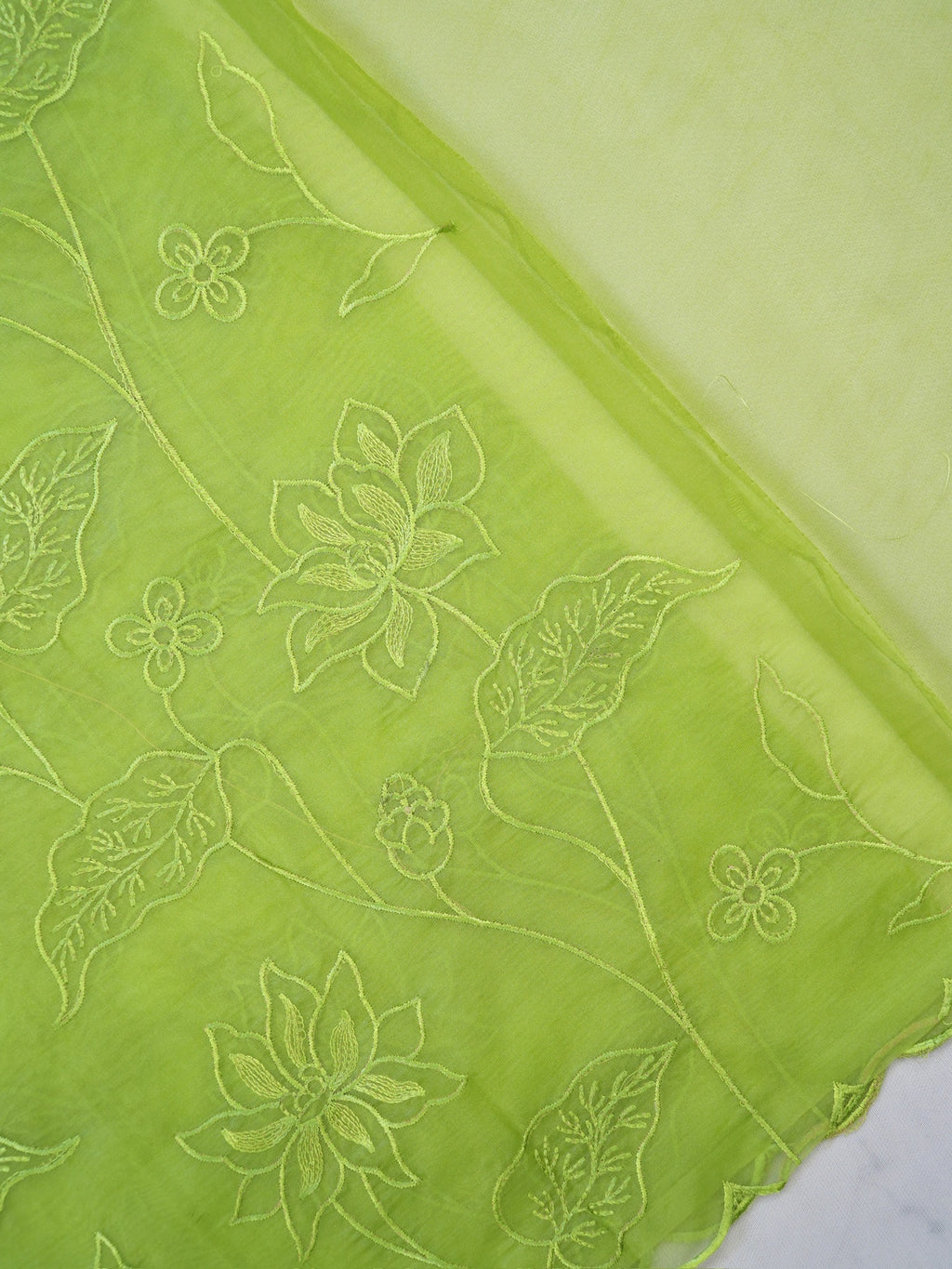Lime Green Soft Organza Silk Floral Embroidered Saree with Scalloped Border