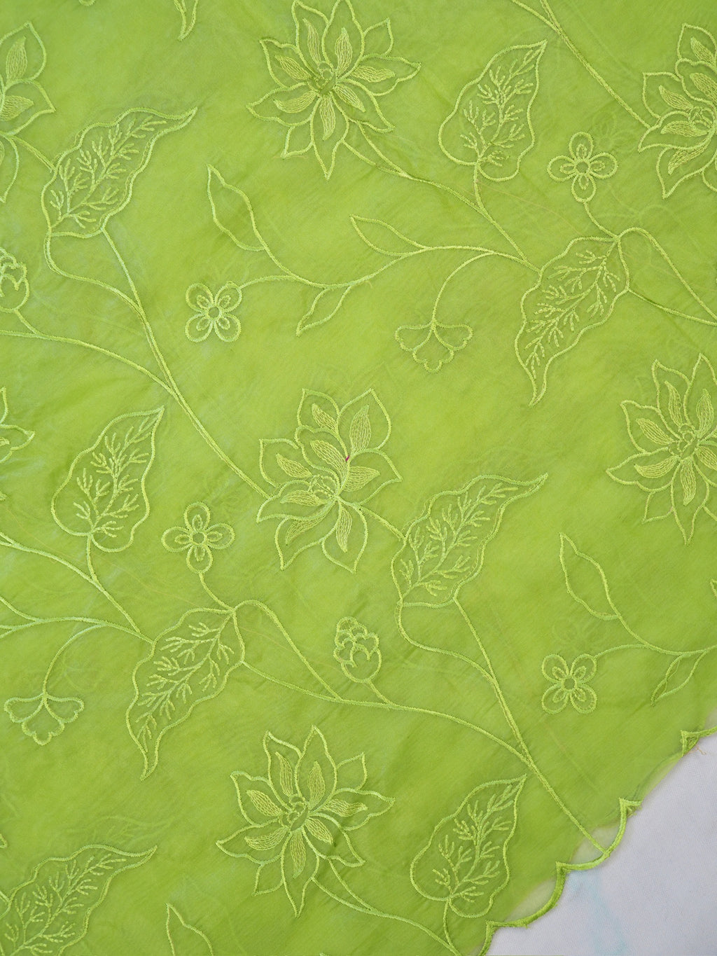 Lime Green Soft Organza Silk Floral Embroidered Saree with Scalloped Border