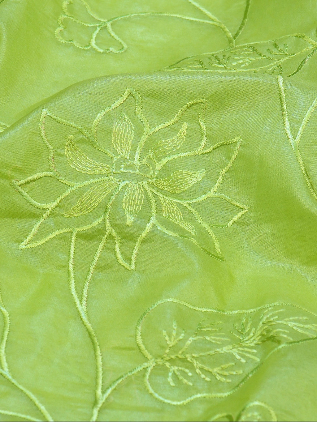 Lime Green Soft Organza Silk Floral Embroidered Saree with Scalloped Border