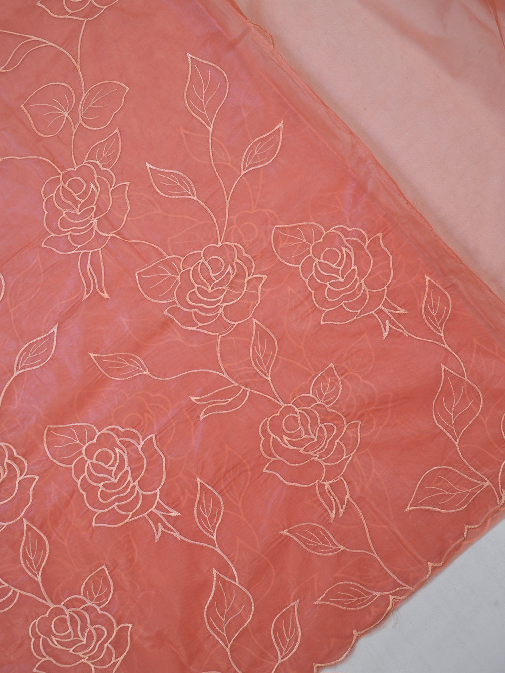 Peach Soft Organza Rose Embroidered Saree