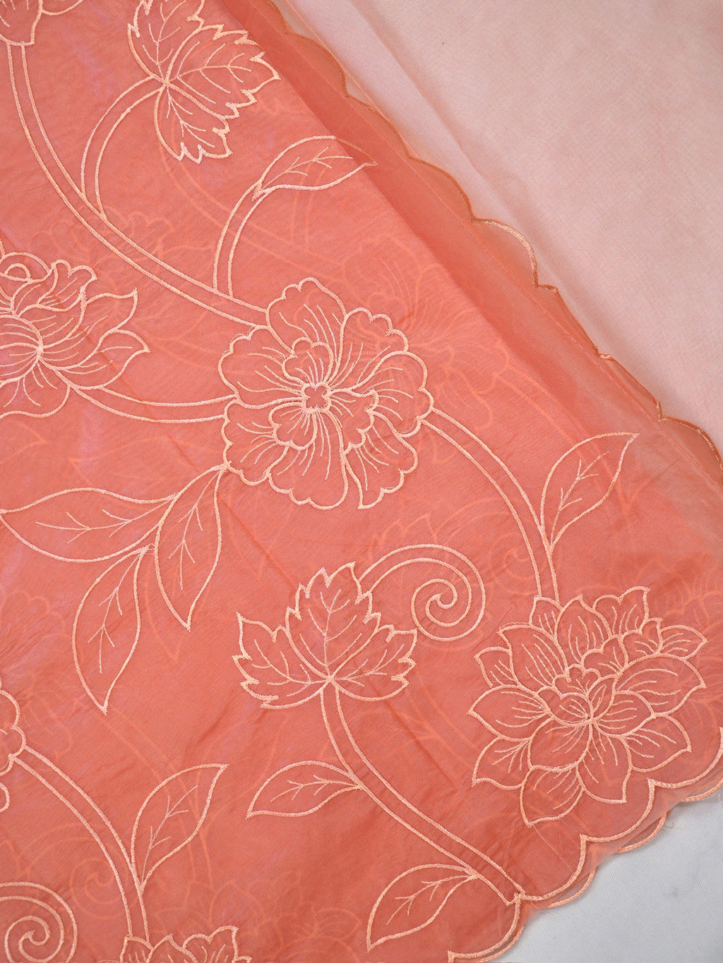 Dusty Peach Soft Organza Silk Floral Embroidered Saree with Scalloped Border