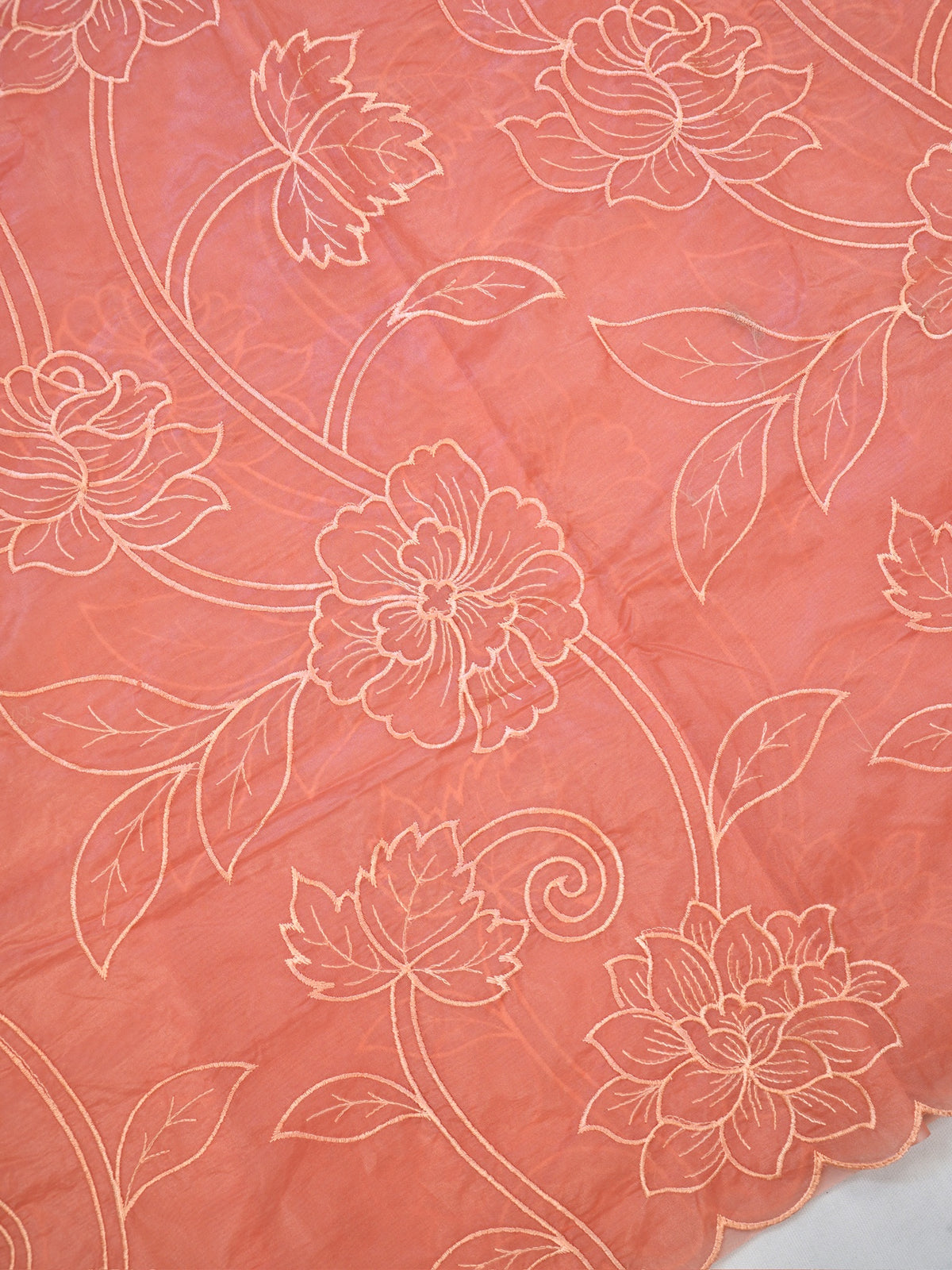 Dusty Peach Soft Organza Silk Floral Embroidered Saree with Scalloped Border