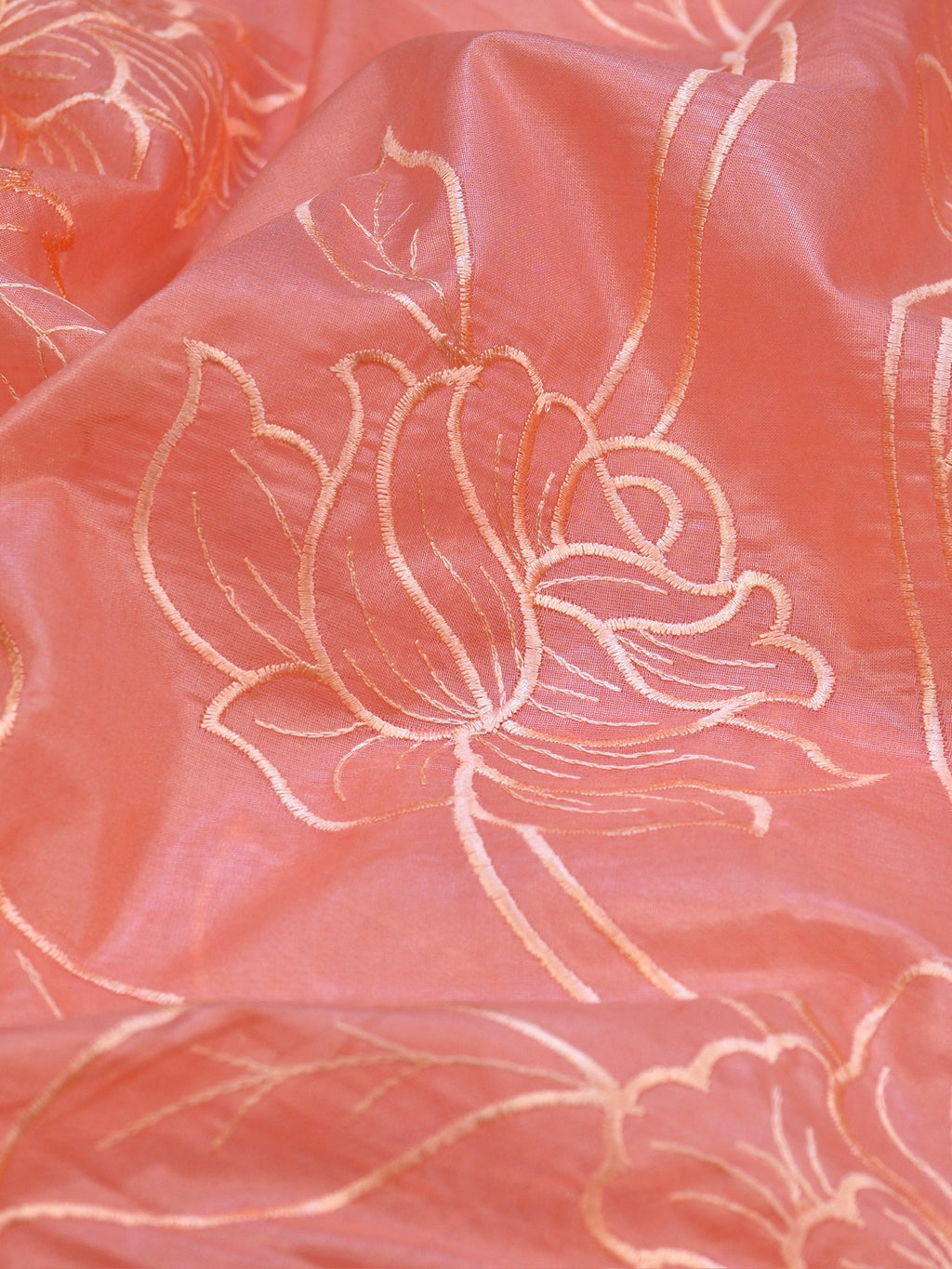 Dusty Peach Soft Organza Silk Floral Embroidered Saree with Scalloped Border