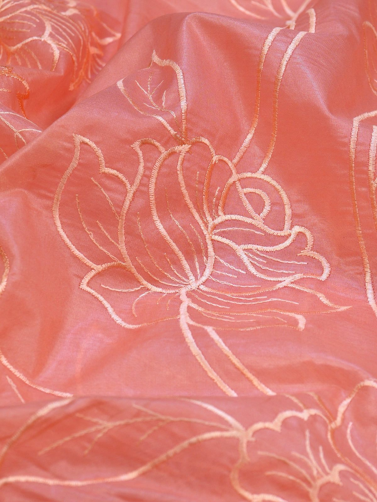 Dusty Peach Soft Organza Silk Floral Embroidered Saree with Scalloped Border