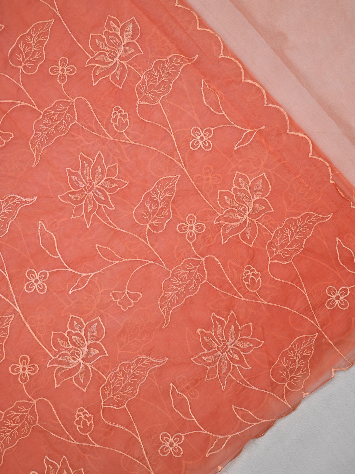 Peach Soft Organza Silk Floral Embroidered Saree with Scalloped Border