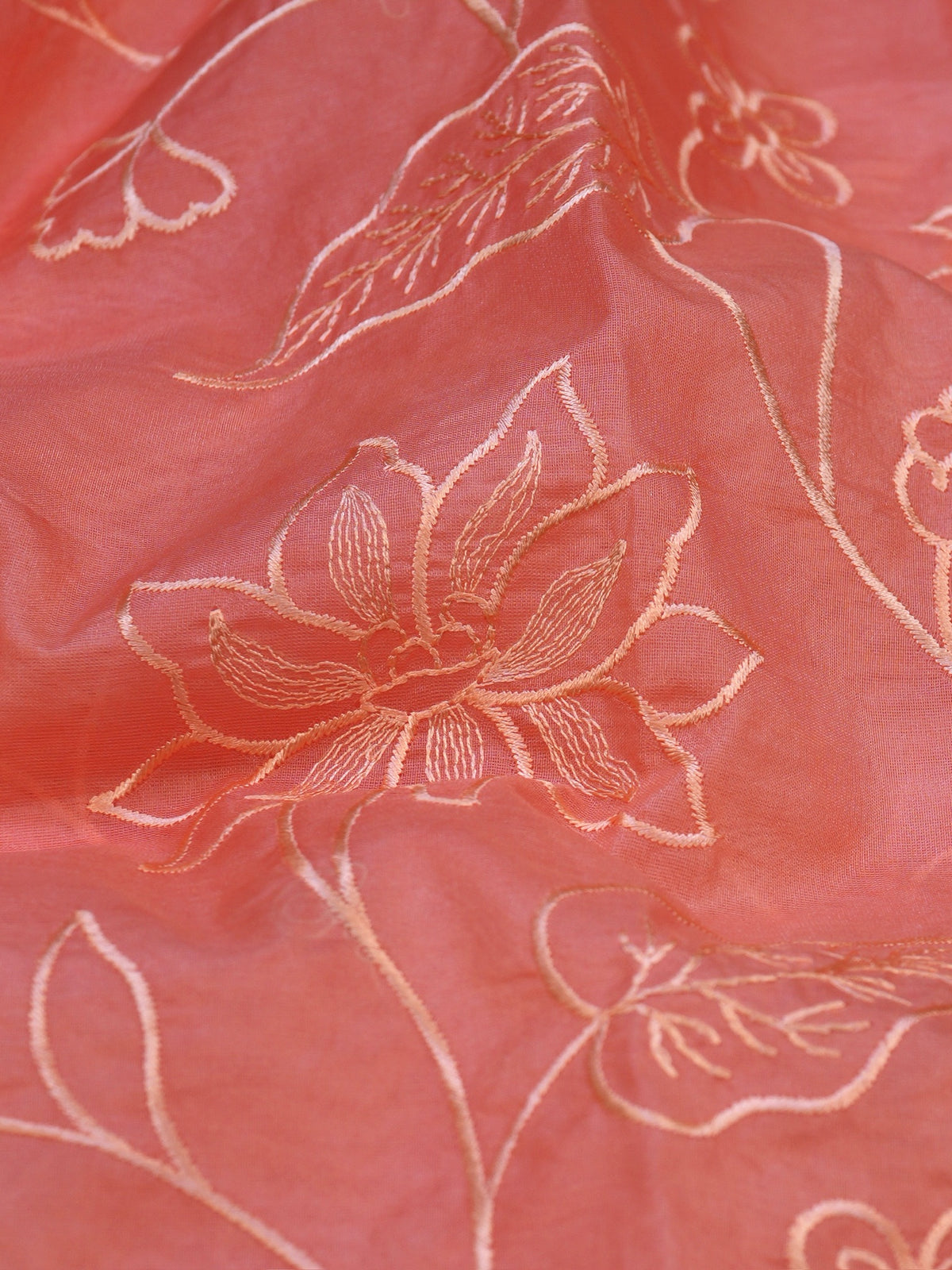 Peach Soft Organza Silk Floral Embroidered Saree with Scalloped Border