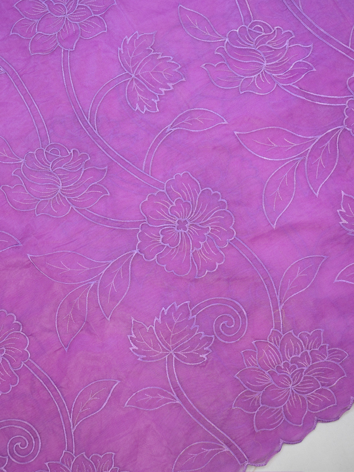 Lavender Soft Organza Silk Floral Embroidered Saree with Scalloped Border