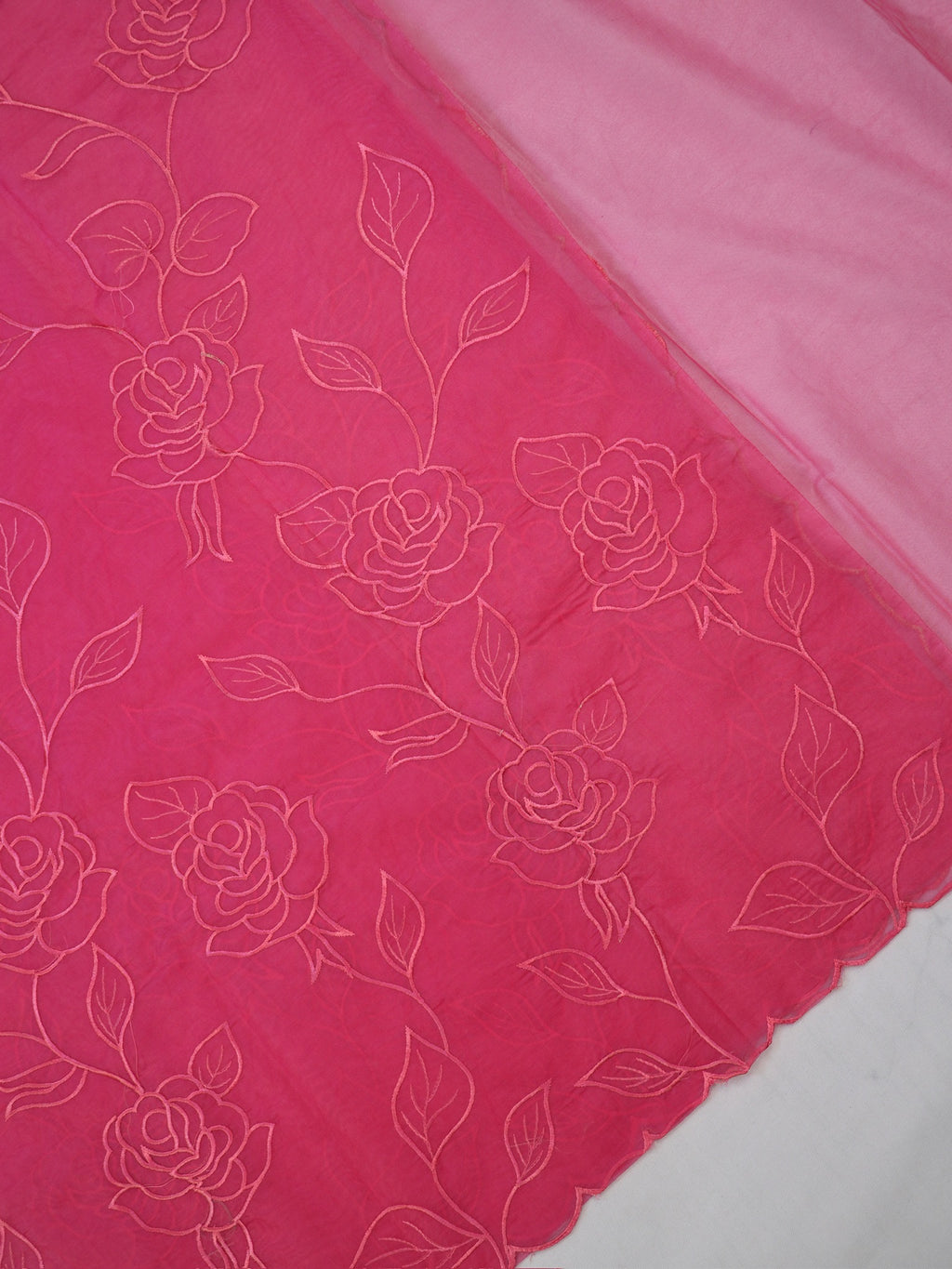 Rani Pink Soft Organza Rose Embroidered Saree