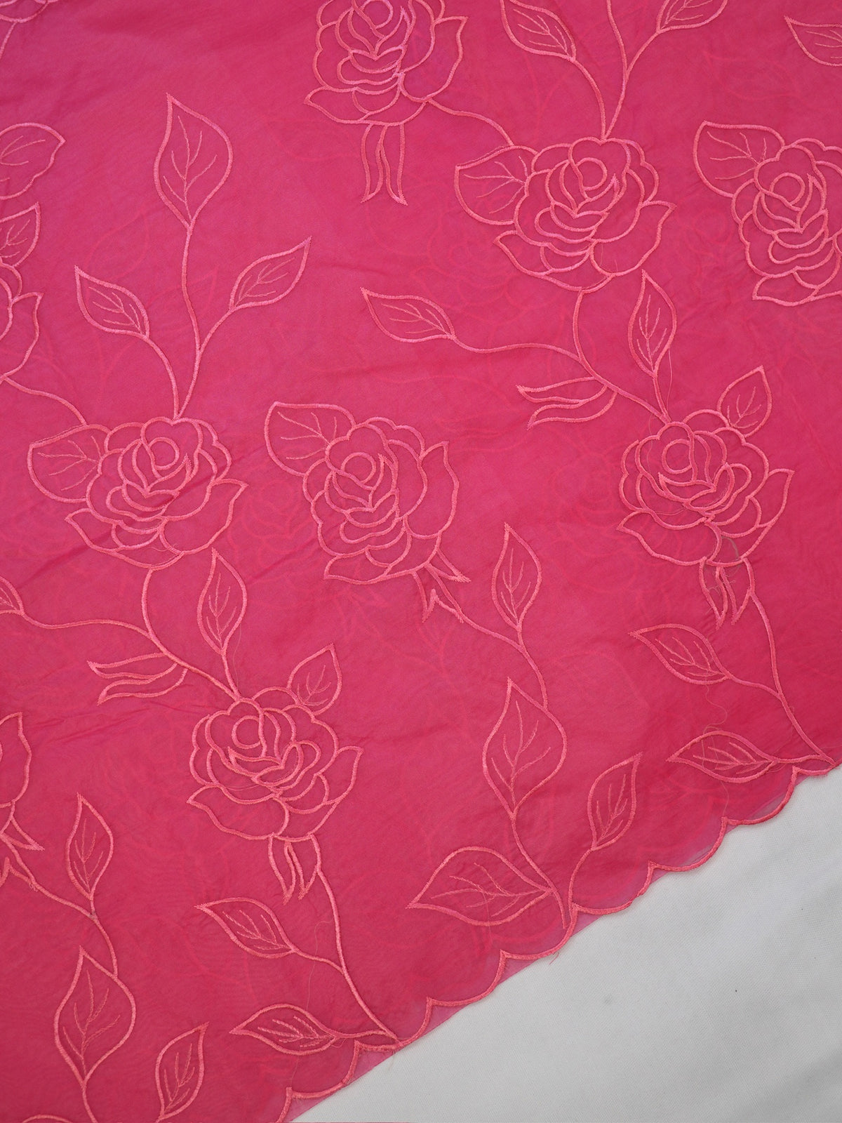 Rani Pink Soft Organza Rose Embroidered Saree