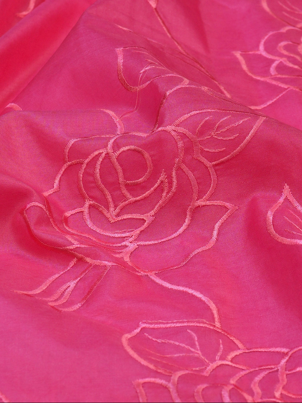 Rani Pink Soft Organza Rose Embroidered Saree