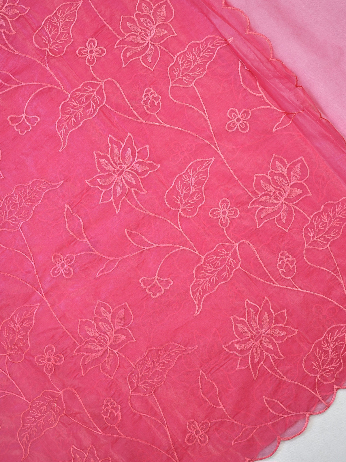 Rose Pink Soft Organza Silk Floral Embroidered Saree with Scalloped Border