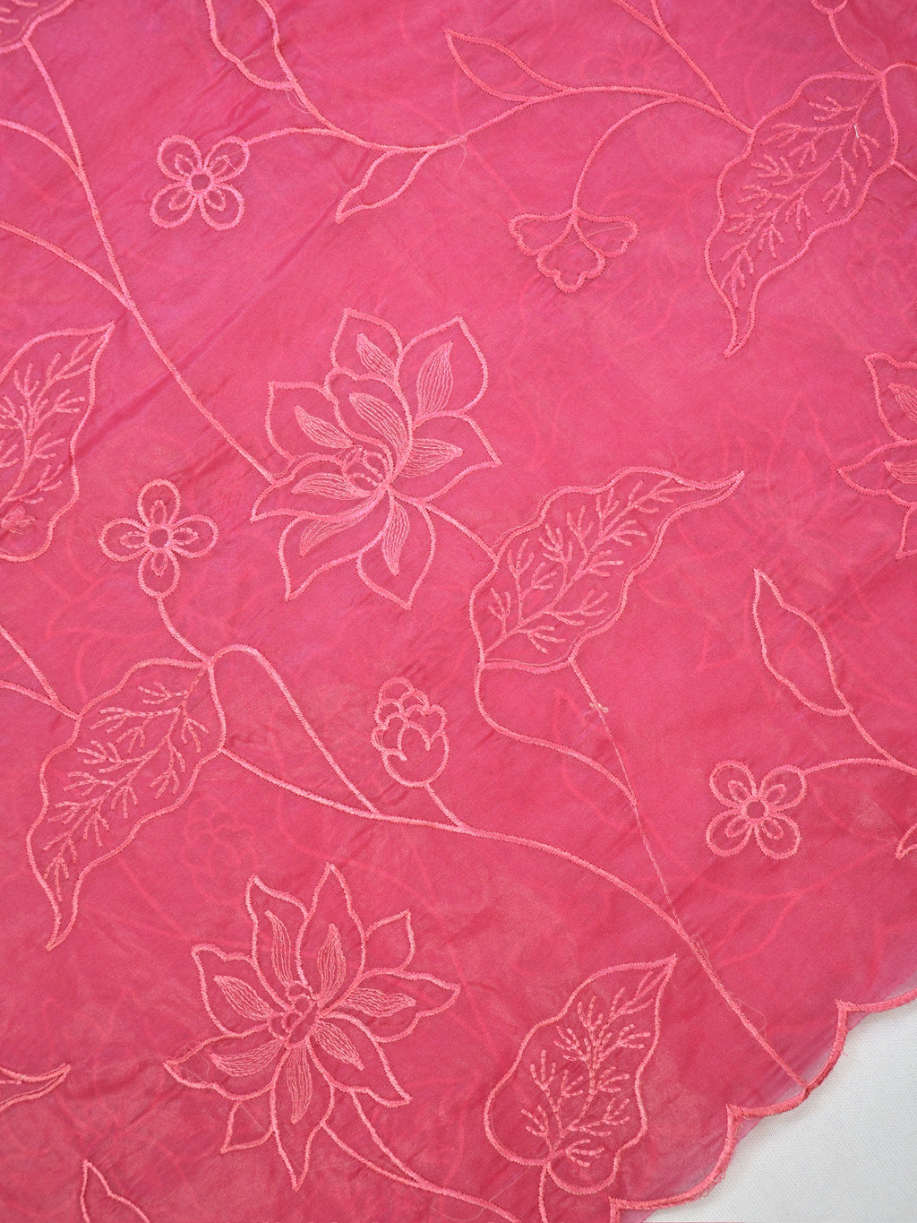 Rose Pink Soft Organza Silk Floral Embroidered Saree with Scalloped Border