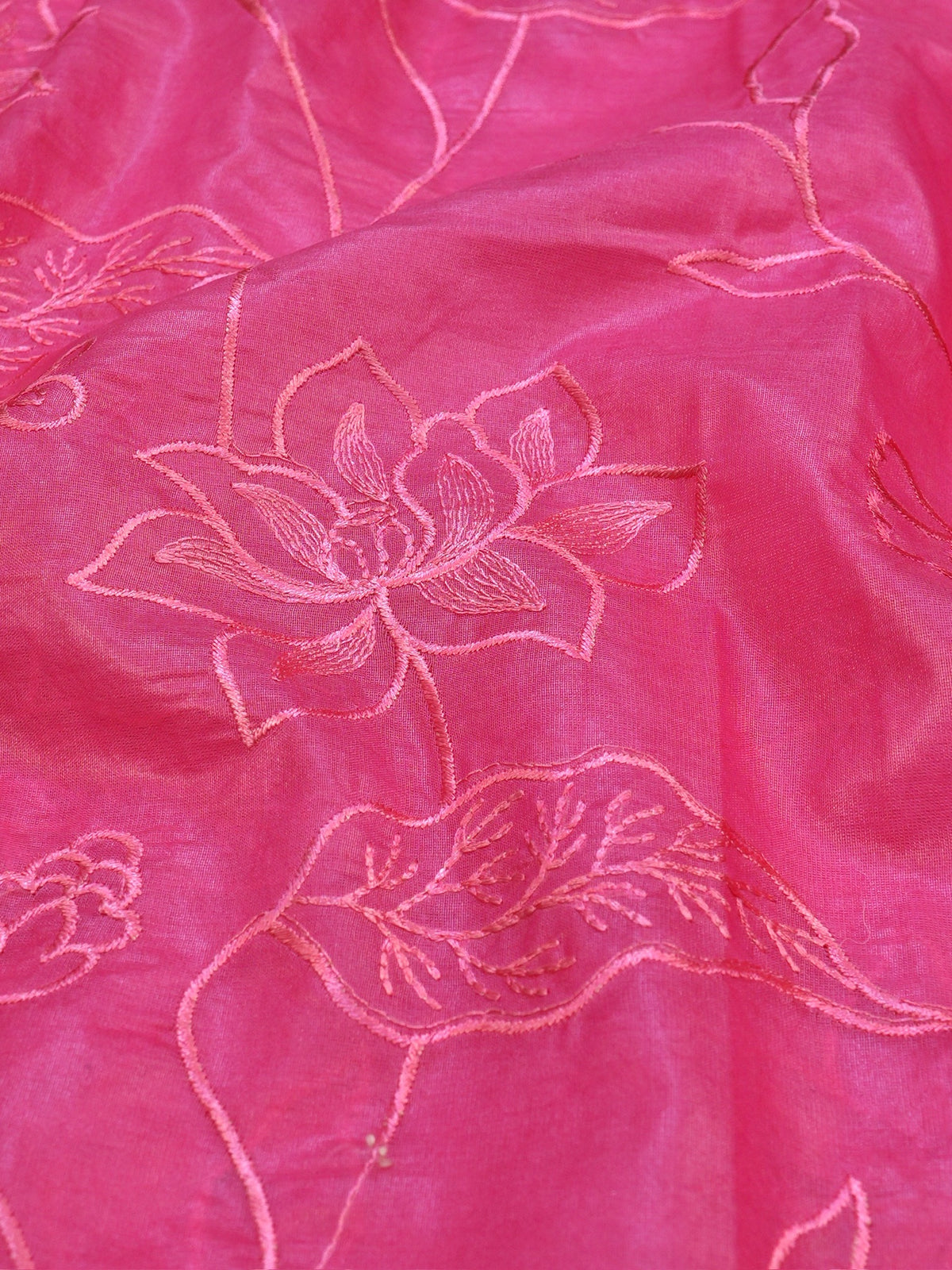 Rose Pink Soft Organza Silk Floral Embroidered Saree with Scalloped Border