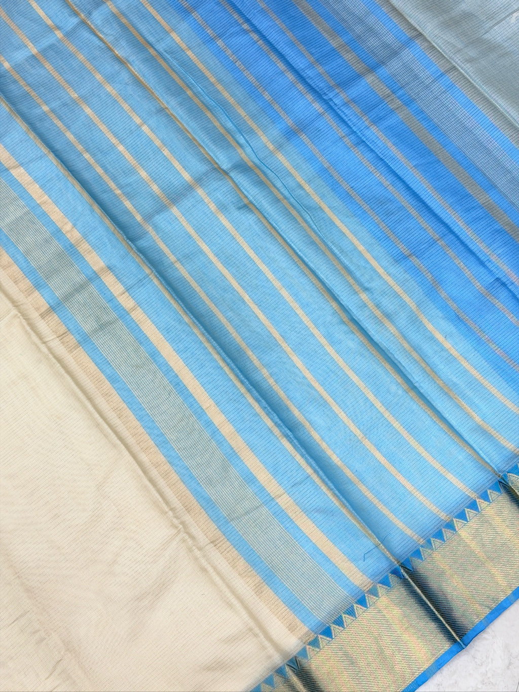 Off-White & Sky Blue Banarasi Soft Cotton Silk Saree with Temple Zari Border