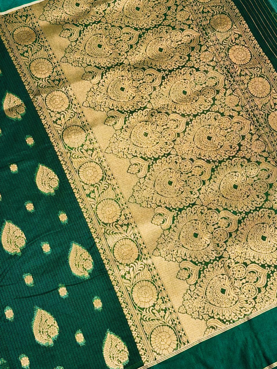 Bottle Green Banarasi Soft Silk Saree with Gold Zari Paisley Motifs
