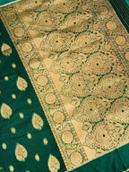 Bottle Green Banarasi Soft Silk Saree with Gold Zari Paisley Motifs