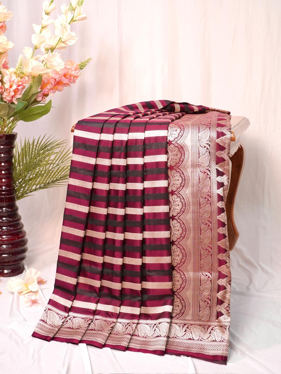 Wine Red Leheriya Banarasi Mushru Katan Silk Saree