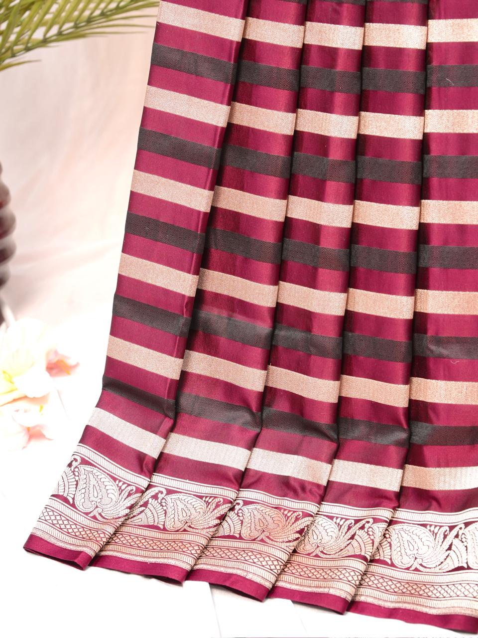 Wine Red Leheriya Banarasi Mushru Katan Silk Saree