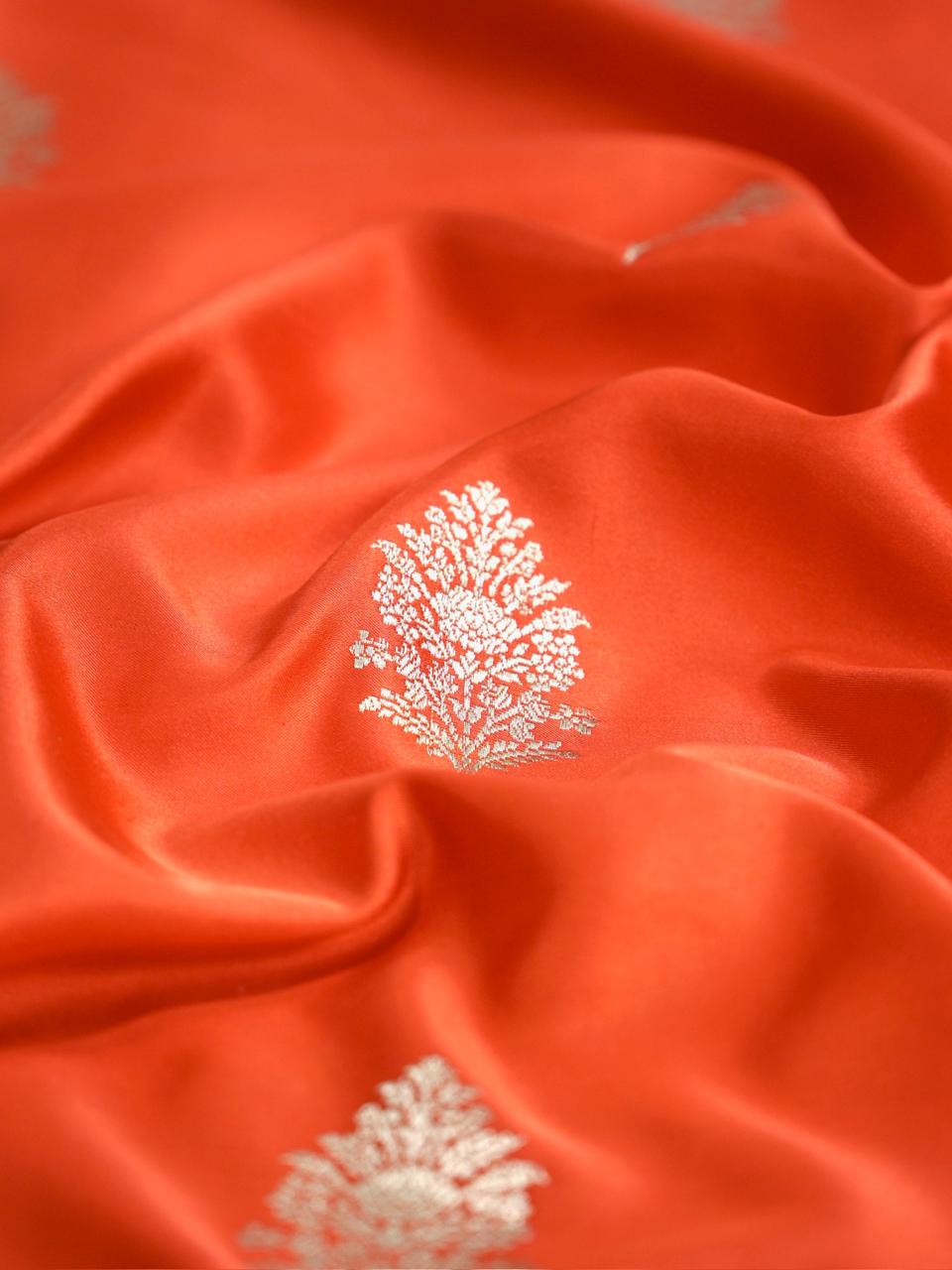 Banarasi Pure Mushru Katan Silk Saree with Silver Zari Kadhuva Weave-Vibrant Vermilion Orange