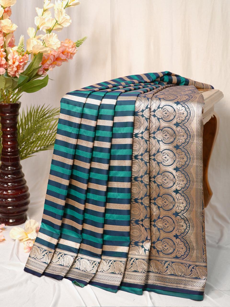 Teal Blue Leheriya Banarasi Mushru Katan Silk Saree