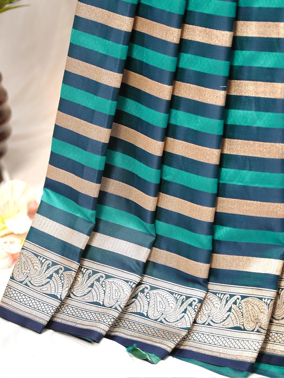 Teal Blue Leheriya Banarasi Mushru Katan Silk Saree