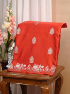 Banarasi Pure Mushru Katan Silk Saree with Silver Zari Kadhuva Weave-Vibrant Vermilion Orange