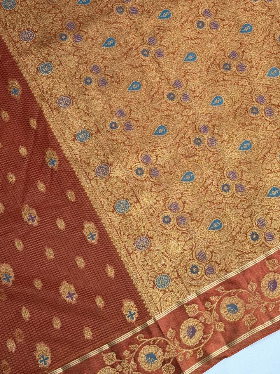 Rust Orange Banarasi Soft Silk Saree with Floral Minakari Border & Jaal Pallu
