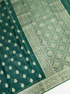 Emerald Green Banarasi Soft Silk Saree with Antique Gold Leaf Butis  Geometrical Pallu