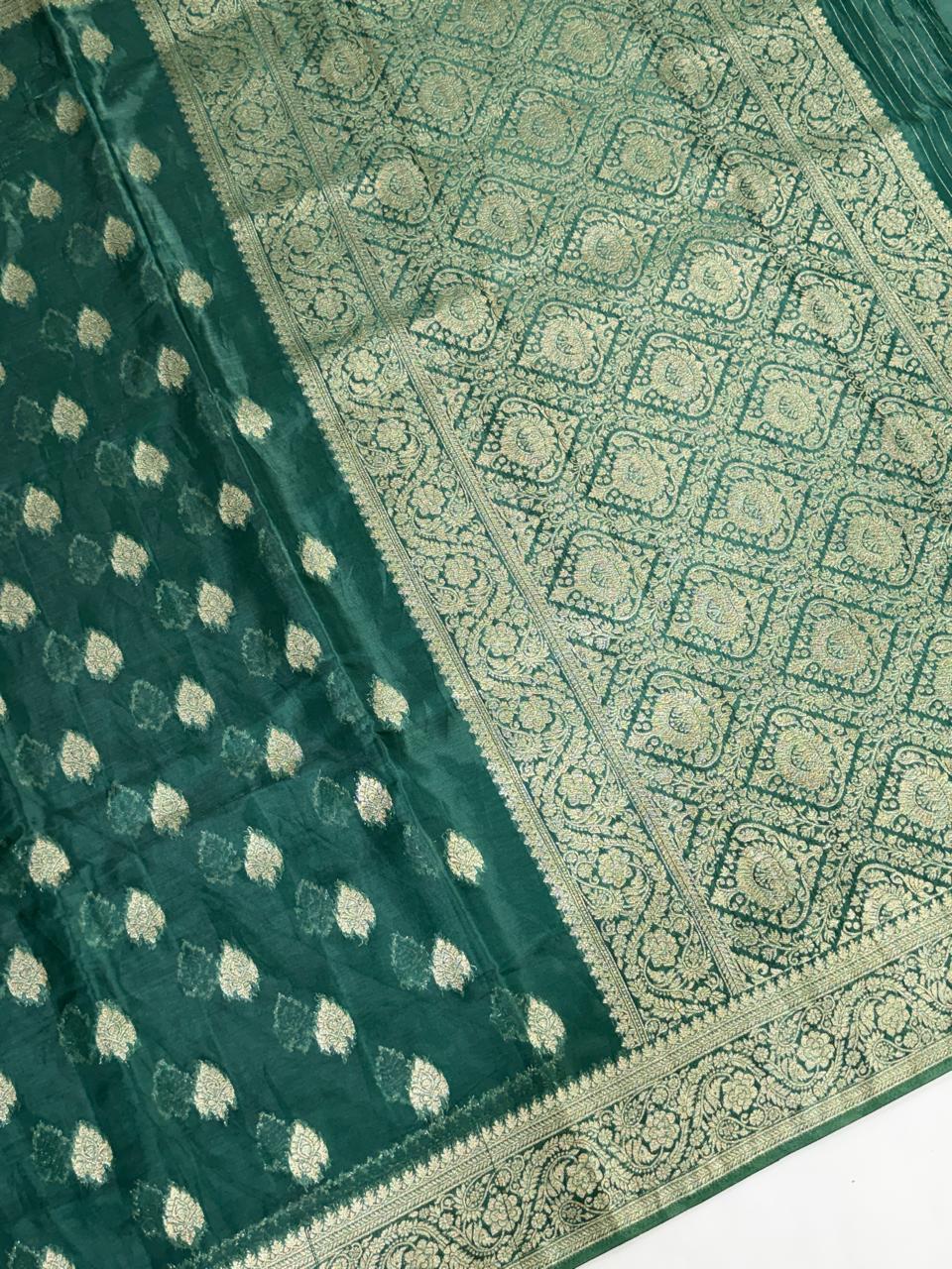 Emerald Green Banarasi Soft Silk Saree with Antique Gold Leaf Butis  Geometrical Pallu