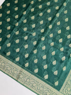 Emerald Green Banarasi Soft Silk Saree with Antique Gold Leaf Butis  Geometrical Pallu