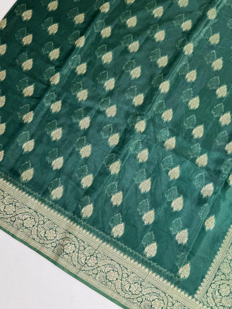 Emerald Green Banarasi Soft Silk Saree with Antique Gold Leaf Butis  Geometrical Pallu