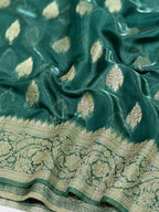 Emerald Green Banarasi Soft Silk Saree with Antique Gold Leaf Butis  Geometrical Pallu