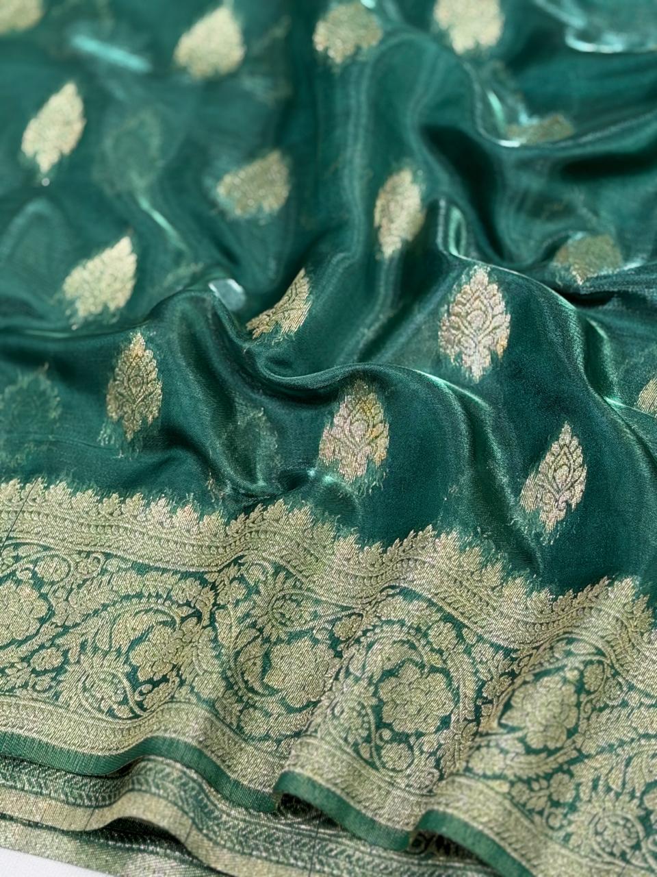 Emerald Green Banarasi Soft Silk Saree with Antique Gold Leaf Butis  Geometrical Pallu