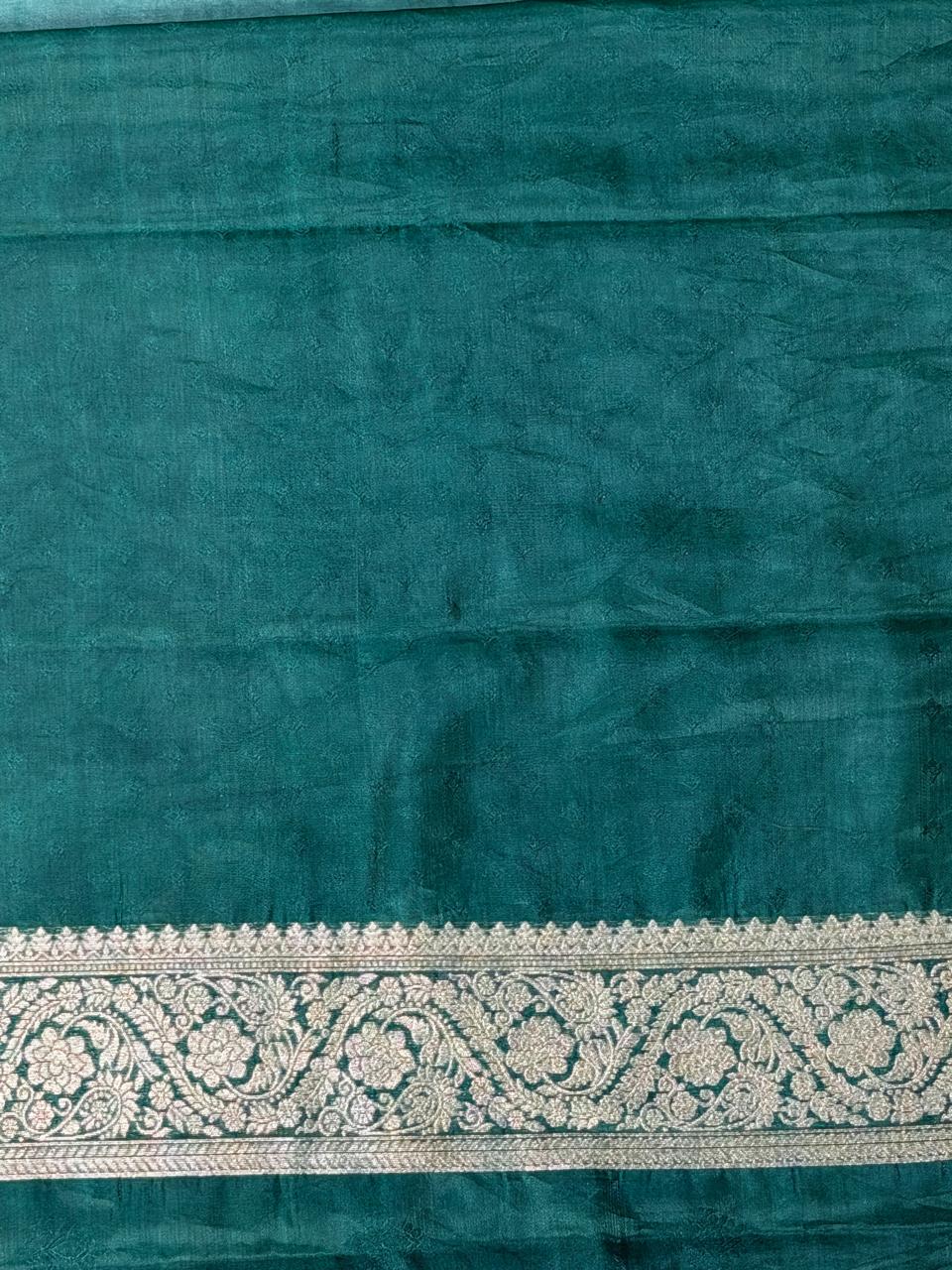 Emerald Green Banarasi Soft Silk Saree with Antique Gold Leaf Butis  Geometrical Pallu
