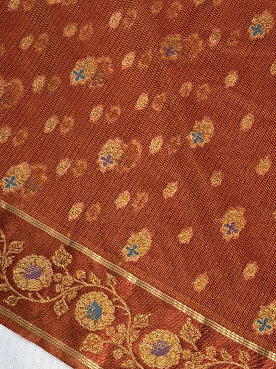 Rust Orange Banarasi Soft Silk Saree with Floral Minakari Border & Jaal Pallu