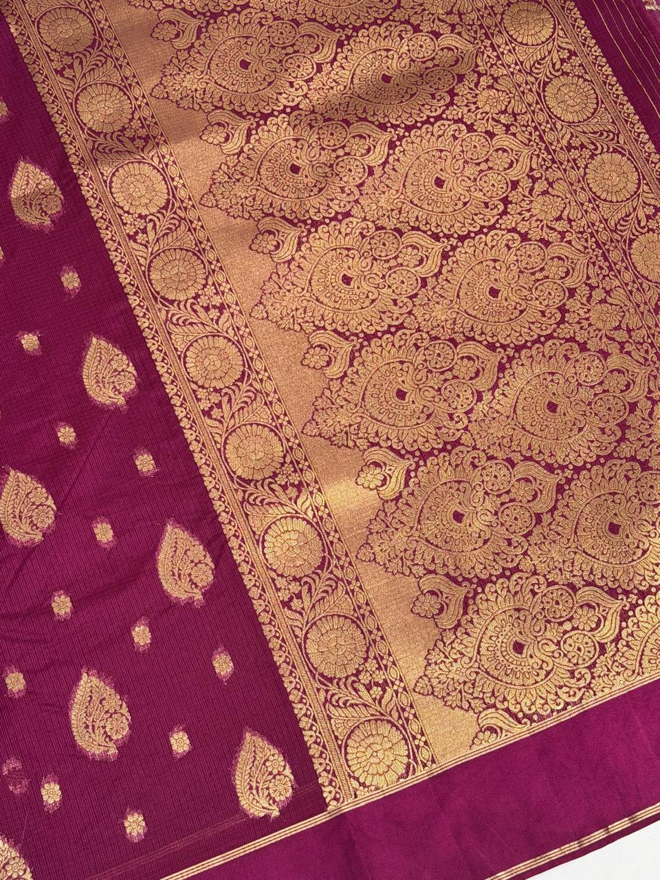 Plum Violet Banarasi Soft Silk Saree with Gold Zari Paisley Motifs