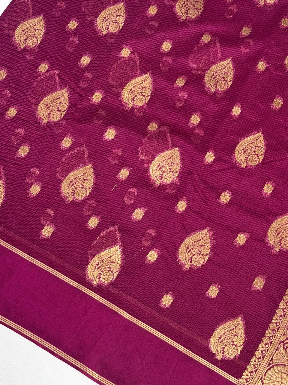 Plum Violet Banarasi Soft Silk Saree with Gold Zari Paisley Motifs