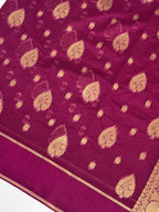 Plum Violet Banarasi Soft Silk Saree with Gold Zari Paisley Motifs