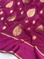 Plum Violet Banarasi Soft Silk Saree with Gold Zari Paisley Motifs