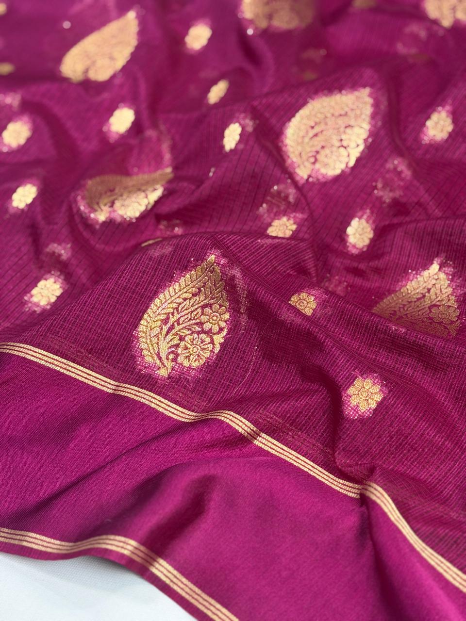 Plum Violet Banarasi Soft Silk Saree with Gold Zari Paisley Motifs