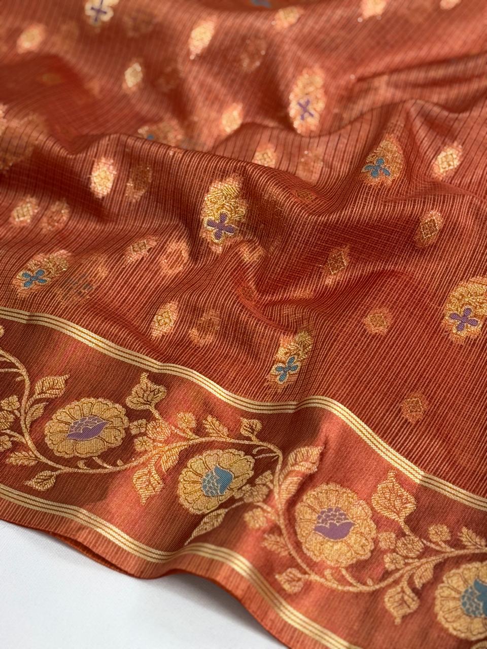 Rust Orange Banarasi Soft Silk Saree with Floral Minakari Border & Jaal Pallu