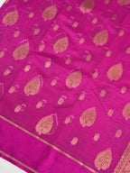 Rani Pink Banarasi Soft Silk Saree with Gold Zari Leaf Motifs & Medallion Border