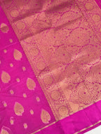 Rani Pink Banarasi Soft Silk Saree with Gold Zari Leaf Motifs & Medallion Border