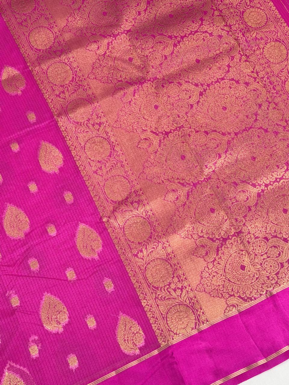 Rani Pink Banarasi Soft Silk Saree with Gold Zari Leaf Motifs & Medallion Border