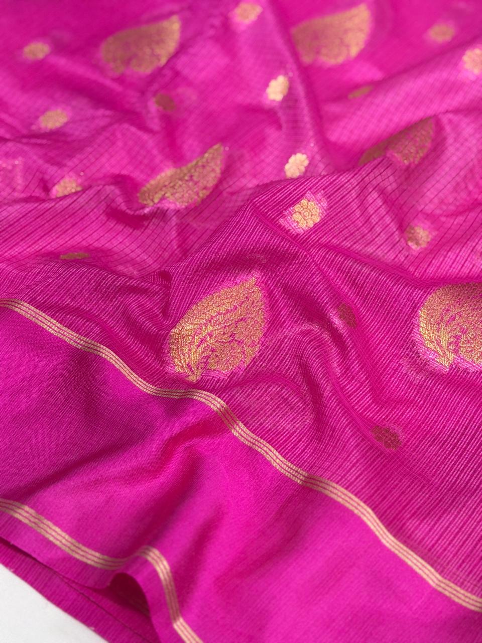Rani Pink Banarasi Soft Silk Saree with Gold Zari Leaf Motifs & Medallion Border
