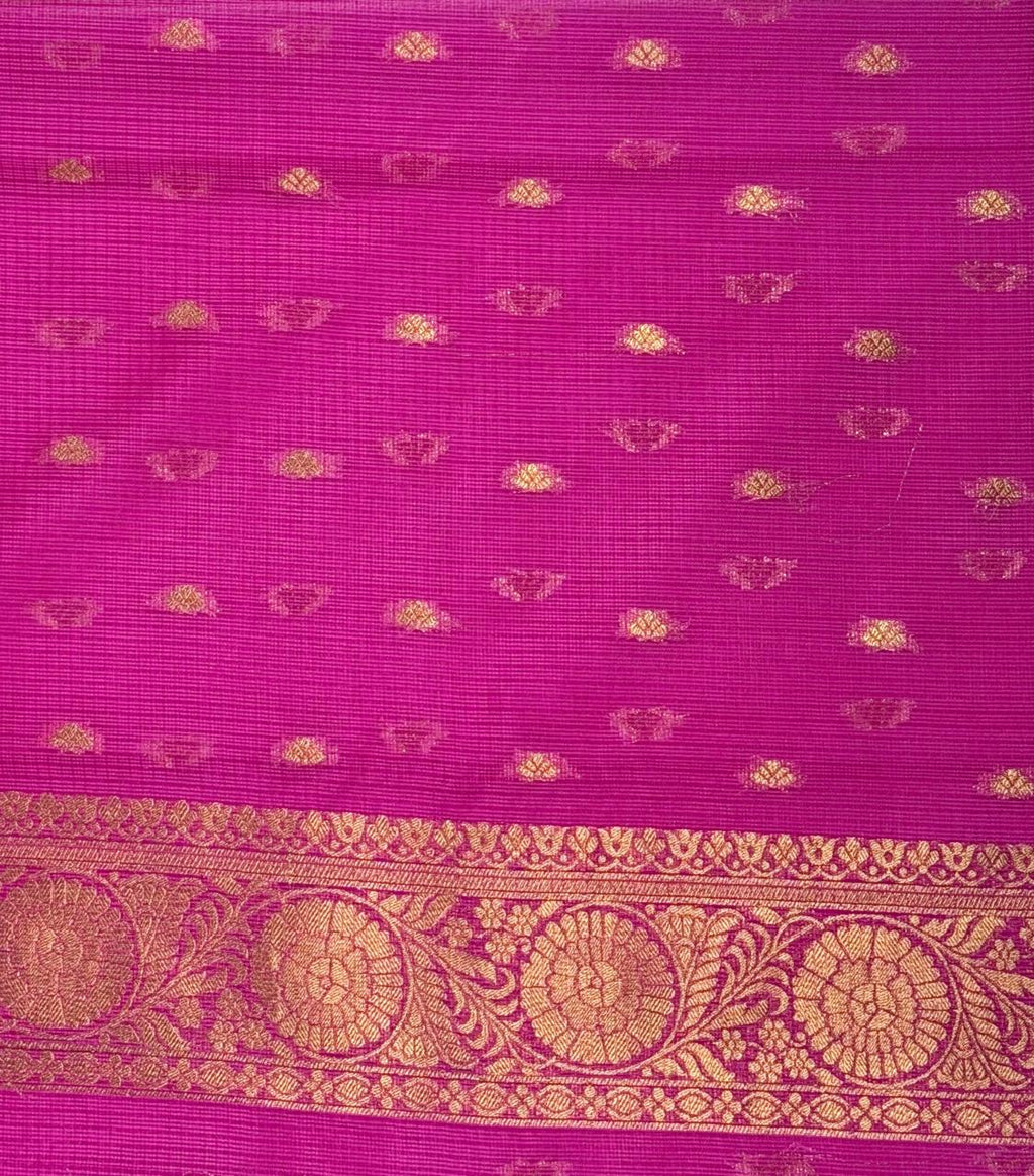 Rani Pink Banarasi Soft Silk Saree with Gold Zari Leaf Motifs & Medallion Border