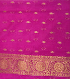 Rani Pink Banarasi Soft Silk Saree with Gold Zari Leaf Motifs & Medallion Border