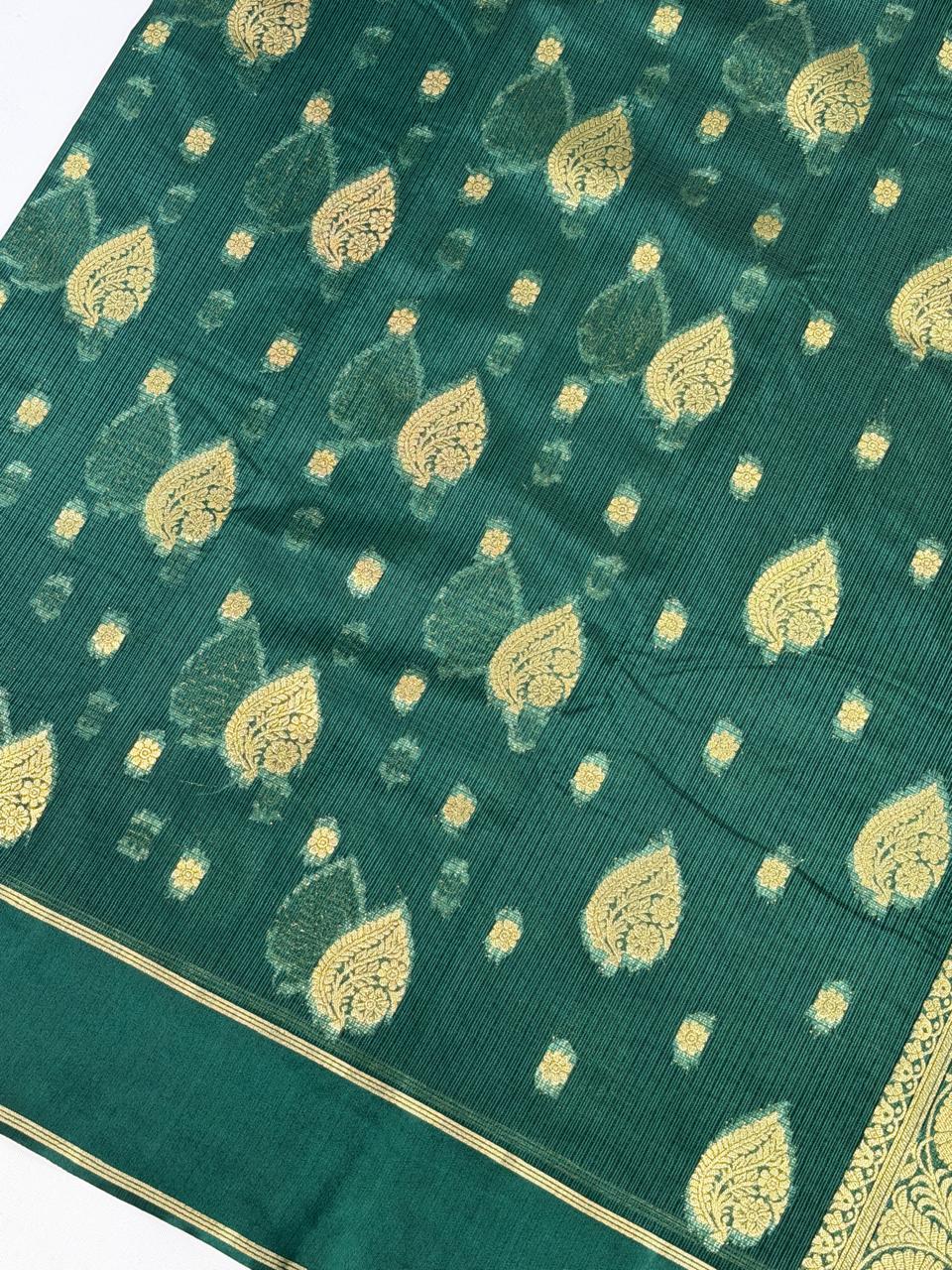 Bottle Green Banarasi Soft Silk Saree with Gold Zari Paisley Motifs