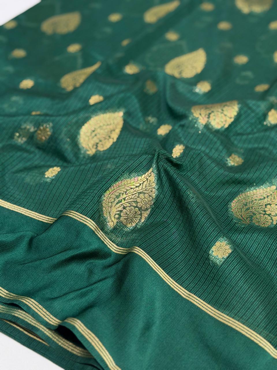 Bottle Green Banarasi Soft Silk Saree with Gold Zari Paisley Motifs