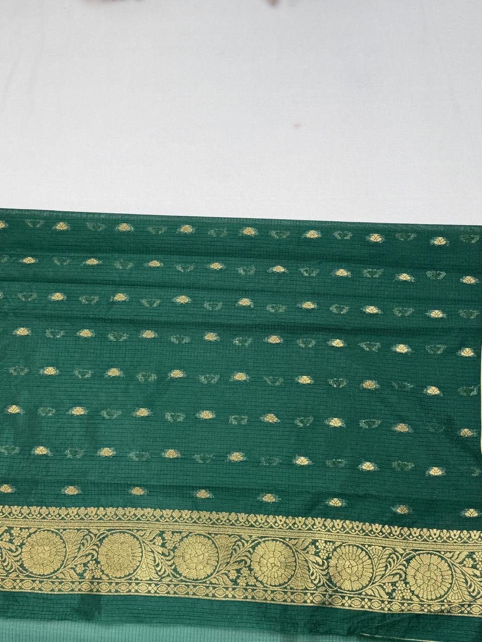 Bottle Green Banarasi Soft Silk Saree with Gold Zari Paisley Motifs